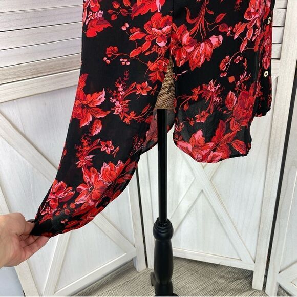 Joan Vass Floral High Low Button Front Blouse Black Red XS - Picture 8 of 14